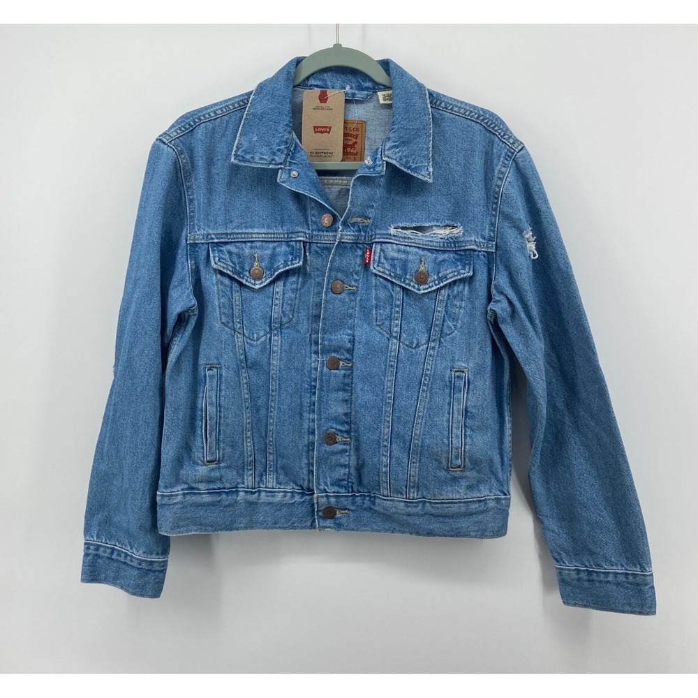 Levis Ex-Boyfriend Trucker Jacket Medium Wash Distressed Denim S 29944-0164